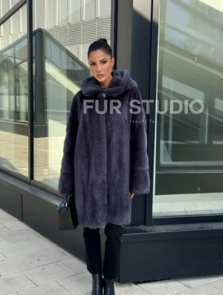 Норковая шуба с капюшоном,  роспуск - темный графит - фото 13