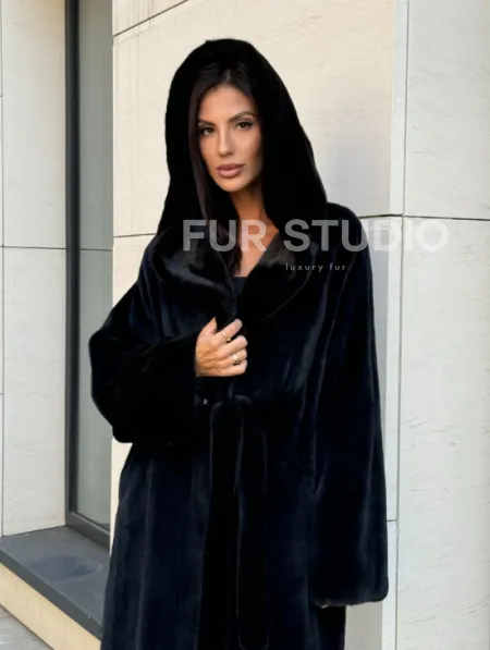 Норка кимоно BLACKGLAMA роспуск, капюшон кобра - фото 8