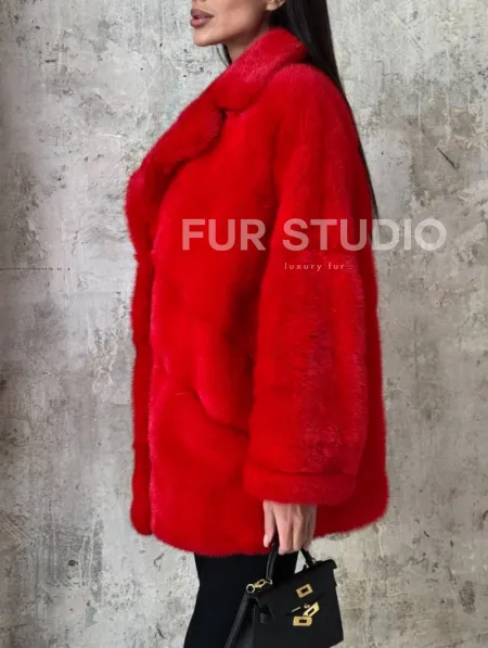 Красный полушубок из натурального меха норки - фото 3