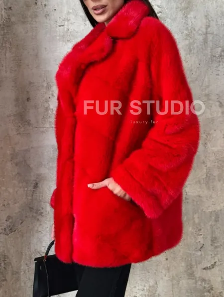 Красный полушубок из натурального меха норки - фото 2