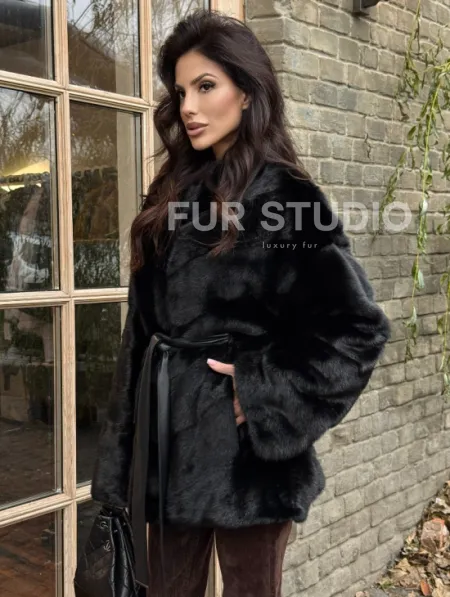 Черный норковый полушубок с воротником V-образным - фото 4