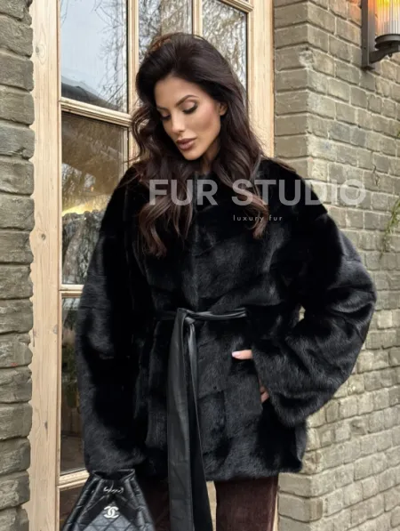 Черный норковый полушубок с воротником V-образным - фото 9