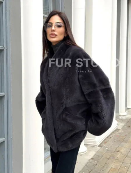 Графитовый норковый жакет с V-образным воротником - фото 7