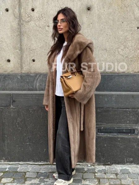 Длинная норковая шуба Pastel с капюшоном кобра - фото 11