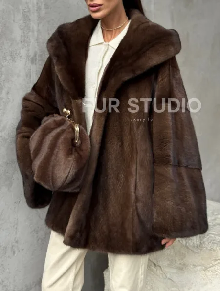 Норковый полушубок с капюшоном - цвет коричневый - фото 2