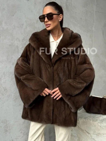 Норковый полушубок с капюшоном - цвет коричневый - фото 0