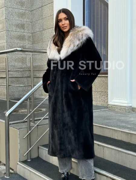 Черная норковая шуба с капюшоном из рыси - фото 11