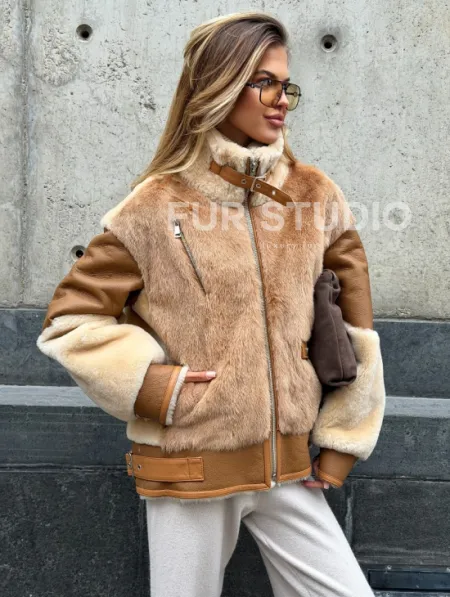 Комбинированная дубленка из овчины и норки - фото 0