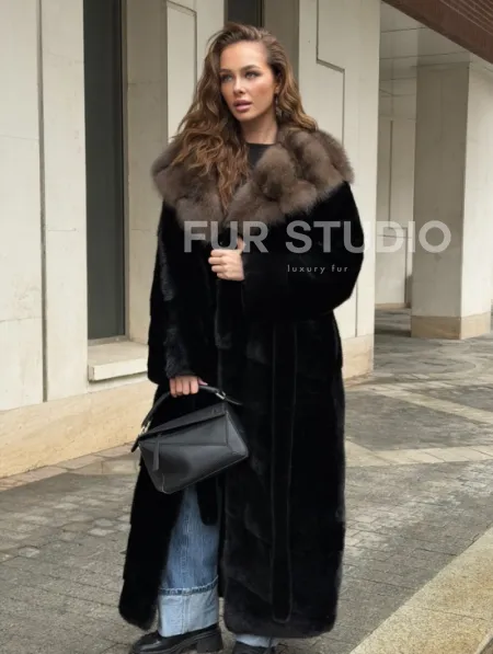 Длинная норковая шуба - кимоно с капюшоном куница - фото 7
