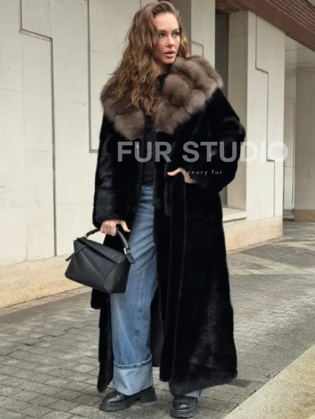 Длинная норковая шуба - кимоно с капюшоном куница - фото 3