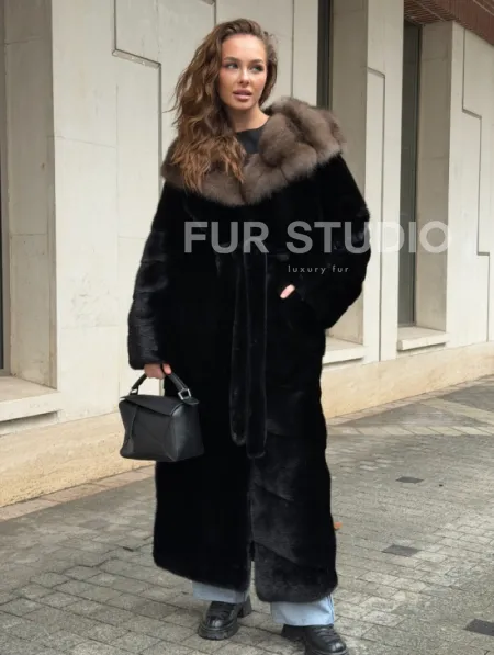 Длинная норковая шуба - кимоно с капюшоном куница - фото 9
