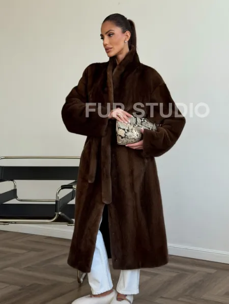 Шуба норковая в роспуск с меховым поясом - фото 4