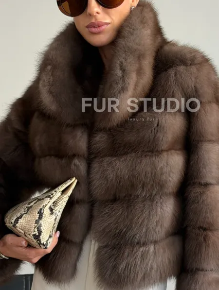 Короткая шуба из куницы - цвет трюфель - фото 2