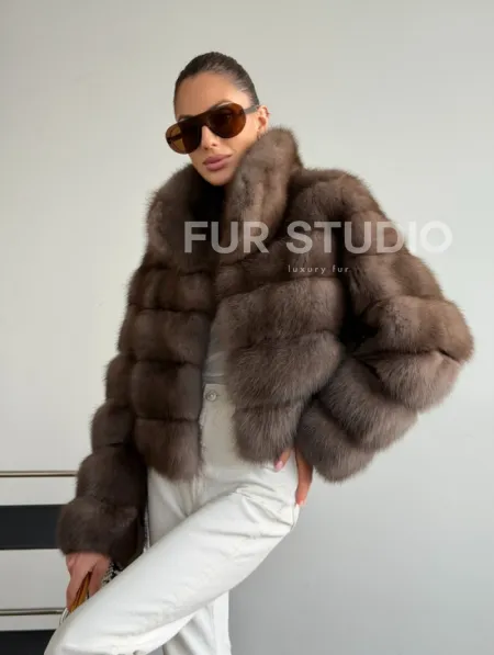 Короткая шуба из куницы - цвет трюфель - фото 11