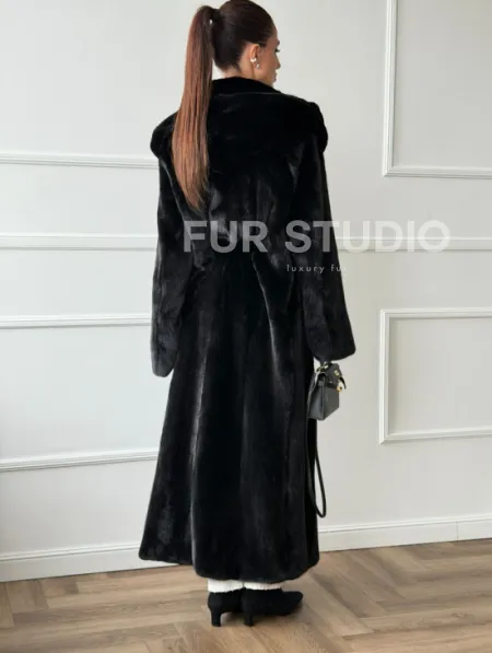 Чёрная норковая шуба модель «кимоно» с капюшоном кобра - фото 3