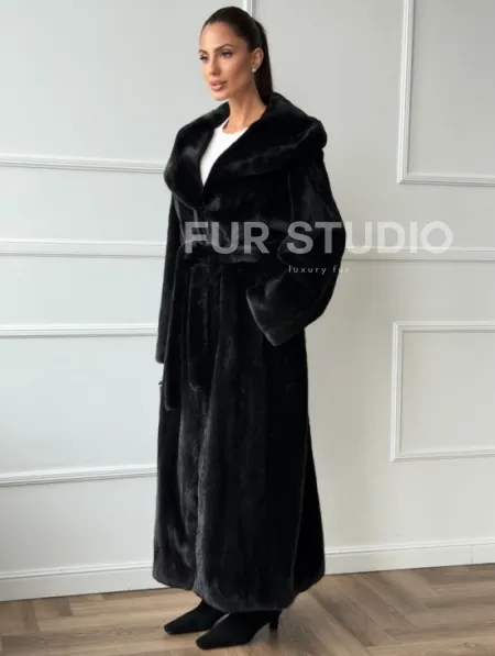 Чёрная норковая шуба модель «кимоно» с капюшоном кобра - фото 4