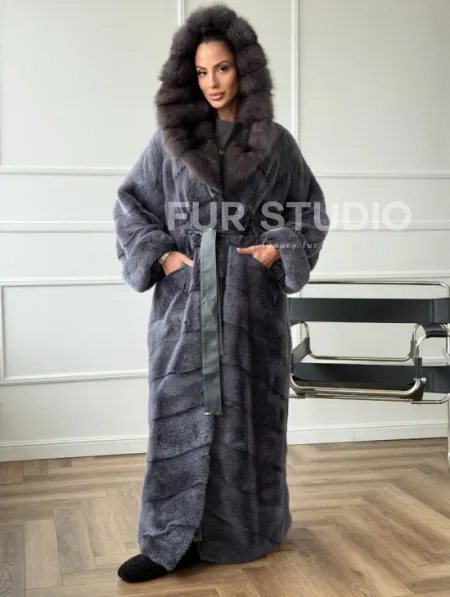 Длинная норковая шуба в пол с капюшоном куница - фото 5