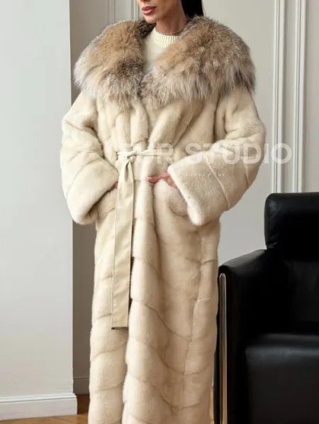 Длинная норковая шуба - капюшон из меха рыси - фото 3