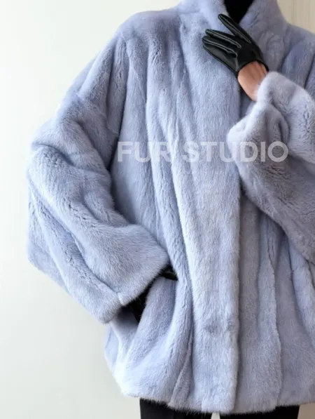 Голубой норковый полушубок - летучая мышь - фото 1