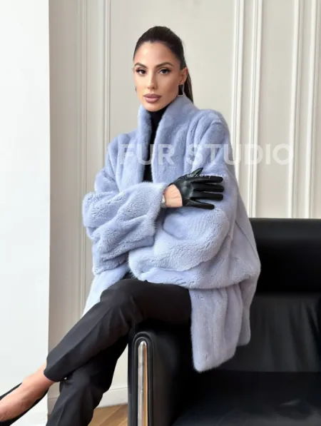 Голубой норковый полушубок - летучая мышь - фото 11