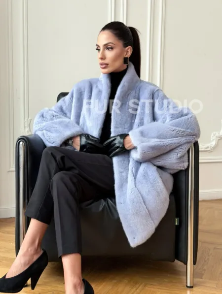 Голубой норковый полушубок - летучая мышь - фото 12