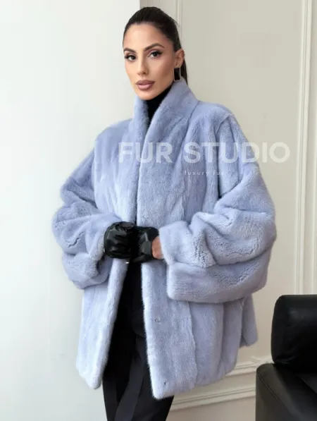 Голубой норковый полушубок - летучая мышь - фото 8