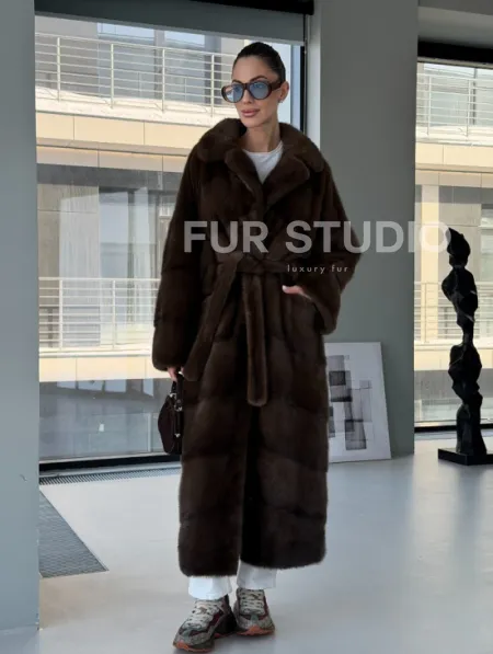 Коричневая норковая шуба - кимоно - фото 14