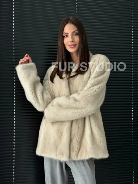 Светлый норковый жакет V-образный воротник - фото 14