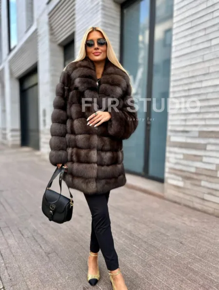 Полушубок-жакет из соболя воротник шаль седина 1/2 - фото 3