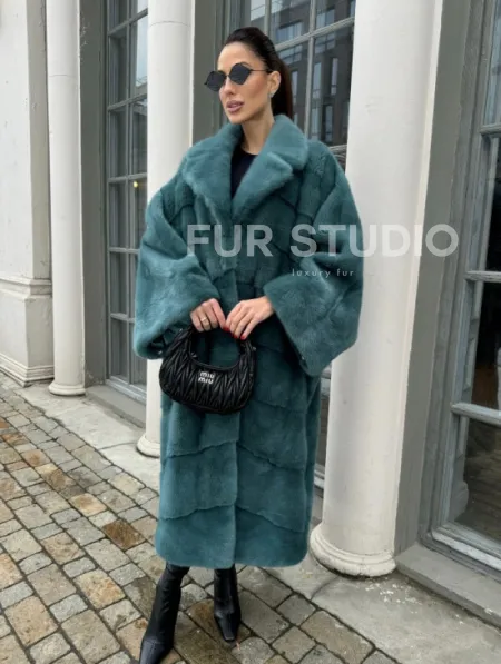 Шуба из меха норки в стиле Oversize - цвет тиффани - фото 0