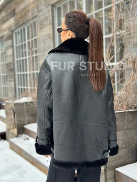 Черная дубленка авитор на овчине - фото 2