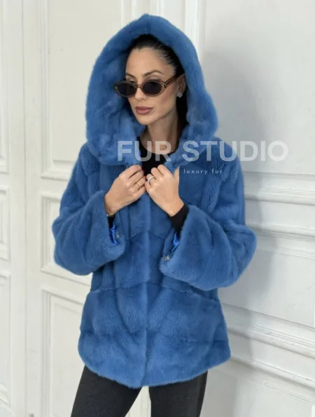 Норковый полушубок с капюшоном, паркет - цвет васильковый - фото 1