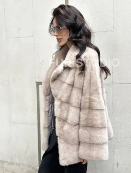 Шуба из меха норки английский воротник пудра - фото 3