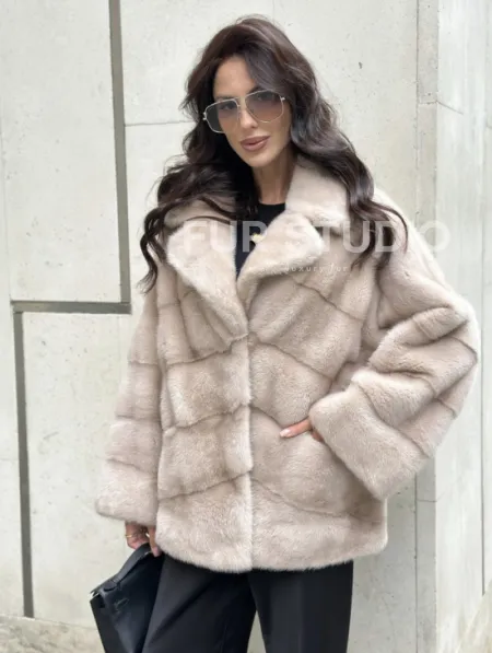 Шуба из меха норки английский воротник пудра - фото 0