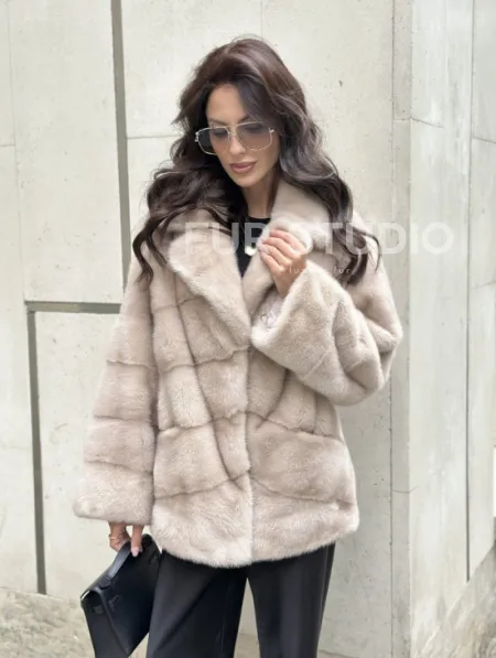 Шуба из меха норки английский воротник пудра - фото 4
