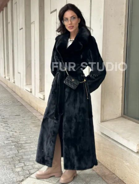 Черная норковая шуба NAFA MINK с поясом в пол - фото 0