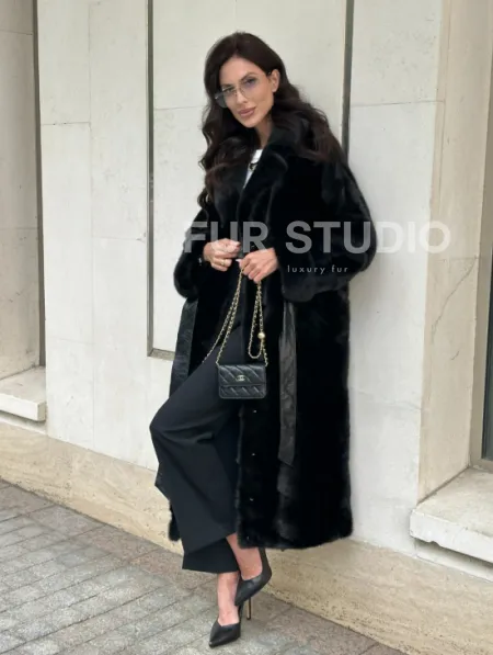 Черная шуба из норки английский воротник - фото 11