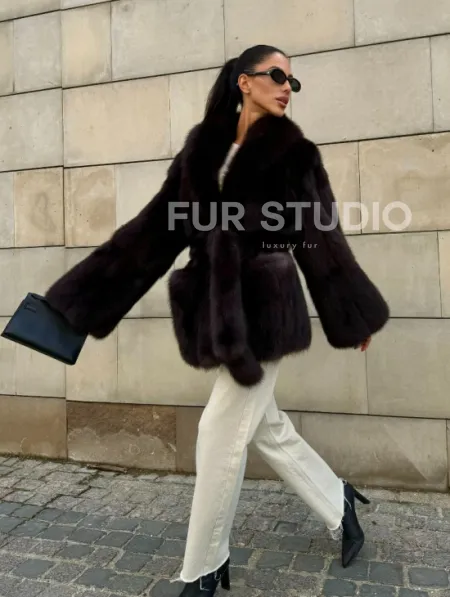 Шуба - жакет из меха куницы в цвете BURGUNDY - фото 13