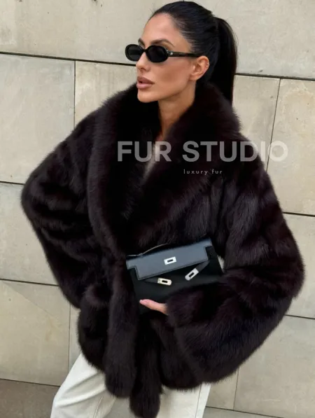 Шуба - жакет из меха куницы в цвете BURGUNDY - фото 3