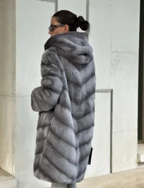 Норковая шуба с капюшоном - цвет PLATINUM (СЕРЫЙ) - фото 4