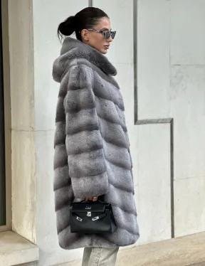 Норковая шуба с капюшоном - цвет PLATINUM (СЕРЫЙ) - фото 3