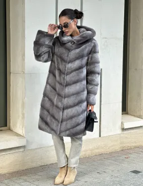 Норковая шуба с капюшоном - цвет PLATINUM (СЕРЫЙ) - фото 8