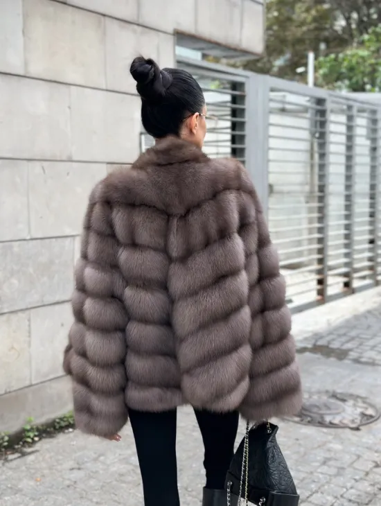 Меховой жакет - шуба из куницы цвет трюфель - фото 2