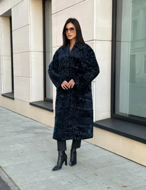 Пальто из меха каракуля с V-образным воротником, цвет Indigo Blue - фото 10