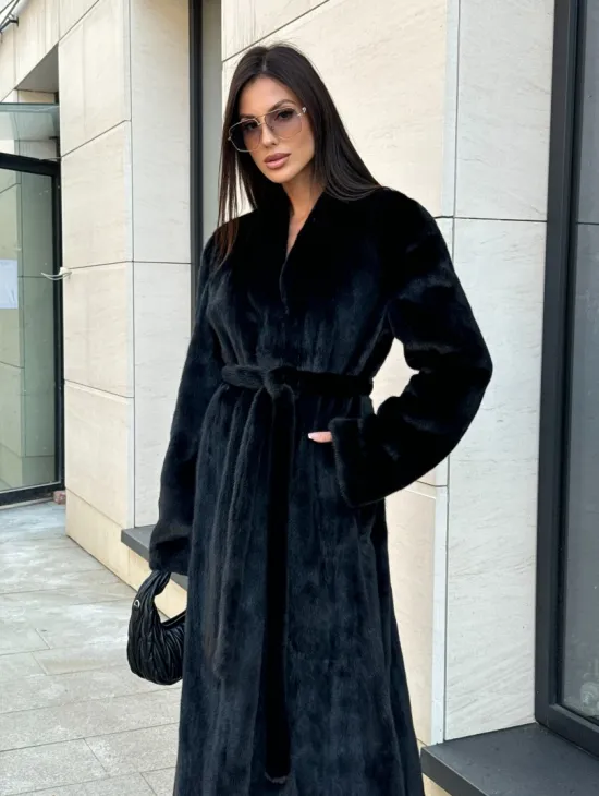 Шуба халат из аукционного меха норки, V-образный воротник с поясом - фото 3