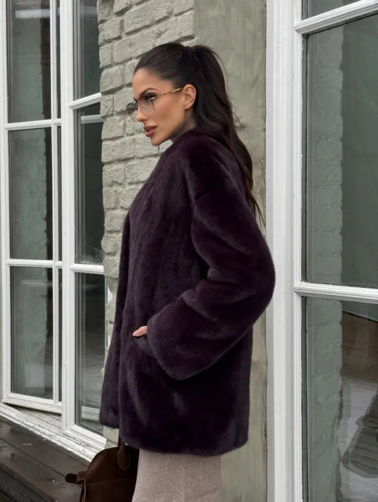 Короткий женский полушубок из меха норки VINTAGE BURGUNDY - фото 6