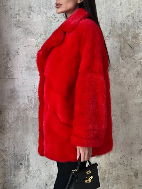 Красный полушубок из натурального меха норки - фото 3