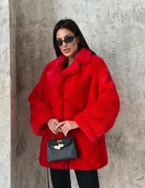Красный полушубок из натурального меха норки - фото 10