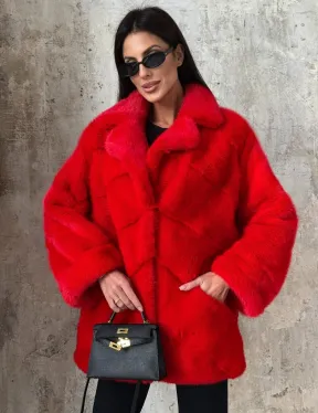 Красный полушубок из натурального меха норки - фото 0