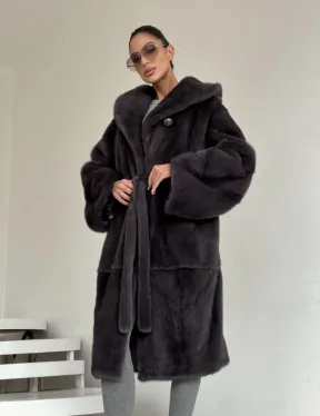 Зимняя норковая шуба с капюшоном - цвет графит - фото 5